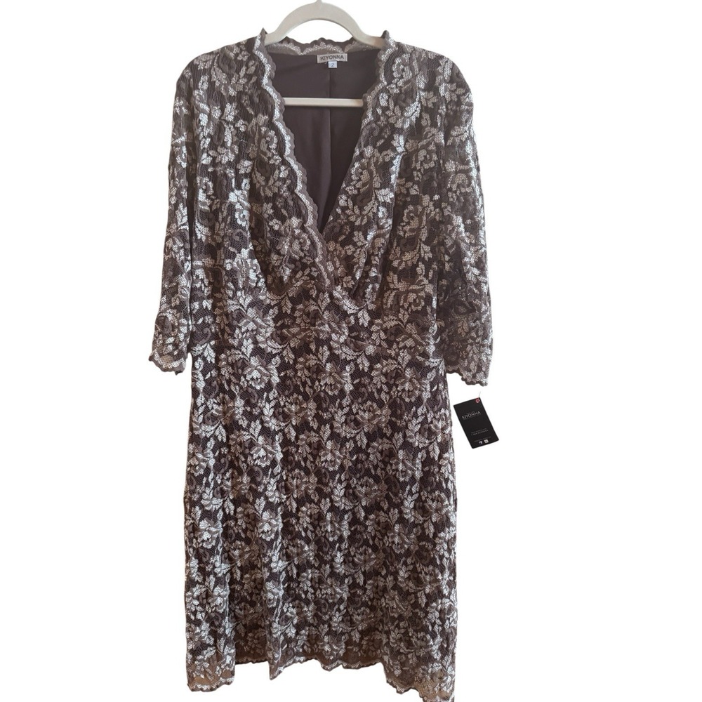 NWT Kiyonna Brown Cream Lace Overlay Long Sleeve Midi Dress Sz 2( 18-20) V Neck